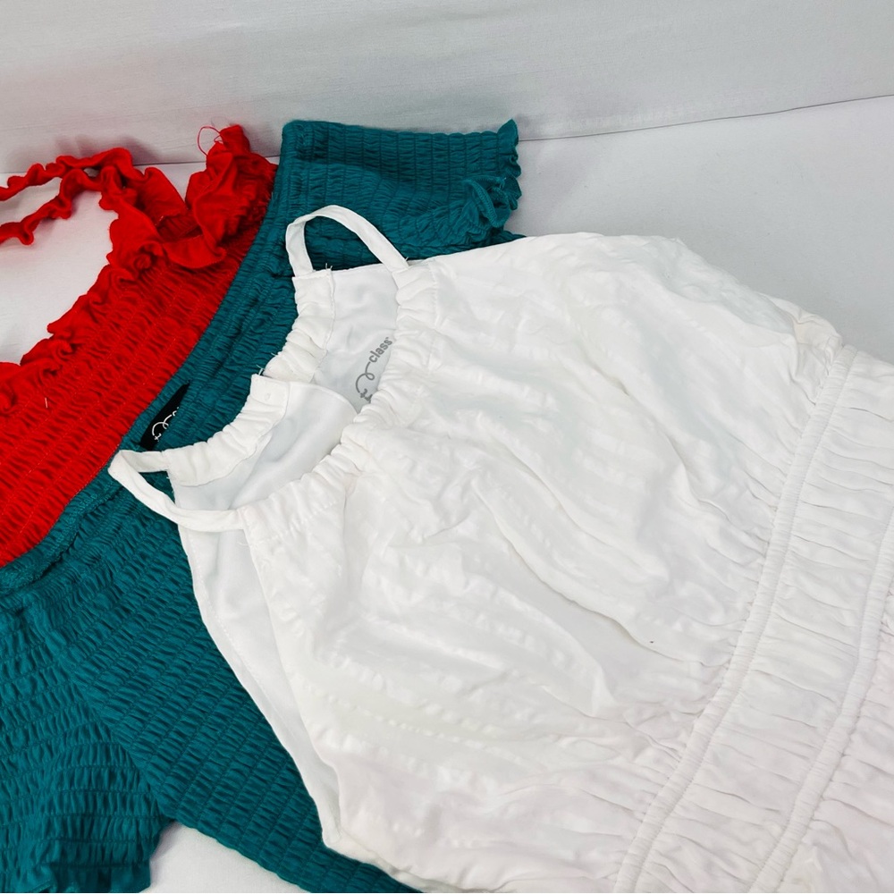 Art Class Vibrant Red Textured smock Top, green off the shoulder‎ top and romper